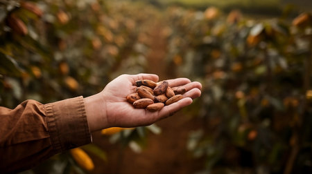Hand Holding Cocoa Beans in a Cocoa Field with Warm Tonesの写真素材