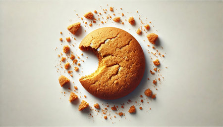 Partially Eaten Cookie with Crumbs in Flat Lay Top View and Soft Shadowsの写真素材