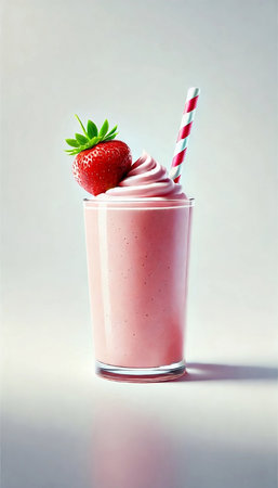 Strawberry Milkshake Smoothie with Whipped Top and Fresh Strawberry Garnishの写真素材