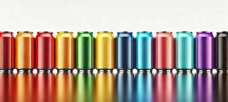 Colorful Aluminum Beverage Cans in a Row with Reflective Surfaceの写真素材