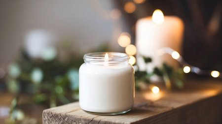 Lit Soy Candle in Glass Jar with Cozy Warm Backgroundの写真素材