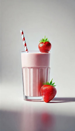 Delicious Strawberry Smoothie Milkshake with Fresh Strawberries and Striped Strawの写真素材