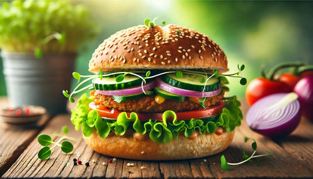 Healthy Gourmet Burger with Fresh Vegetables and Sprouts on Multigrain Bun, Soft Blur Vibrant Backgroundの写真素材