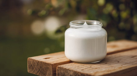 Glass Jar with White Cream on Rustic Wooden Surface, Suitable for Edible or Cosmetic Useの写真素材