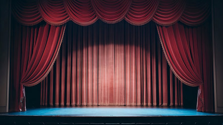 Red Theater Curtains Illuminated on an Empty Stageの写真素材