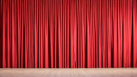 Red Theater Curtain with Wooden Stage Floorの写真素材