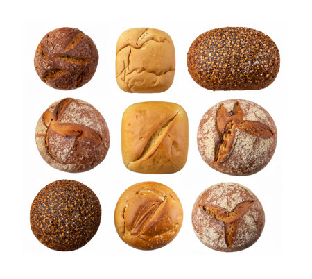 Assorted Artisan Bread Rolls Set Isolated on White Backgroundの写真素材