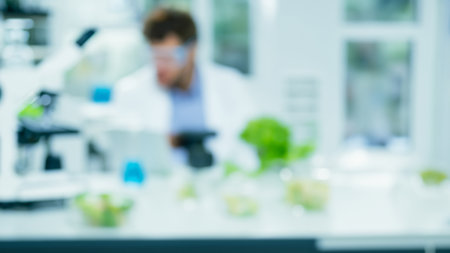 Blurred Laboratory with Scientist and Vegetables for Nutrition Researchの写真素材