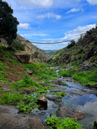 Suspension Bridge Over Canyon at Barranco do Demo, Portugalの写真素材