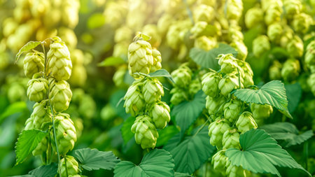 Close-Up of Bavarian Hops in Field with Soft Bokehの写真素材