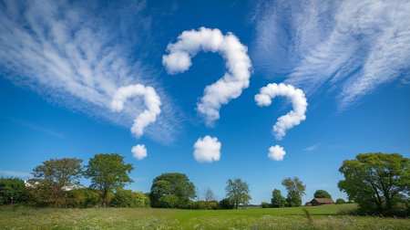 Question Mark In Sky Clouds Over Green Field And Treesの写真素材