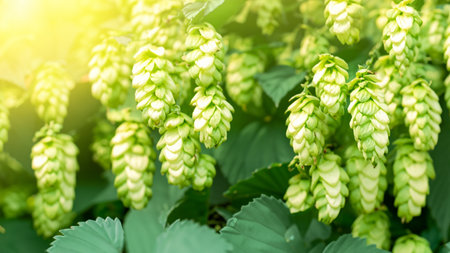 Sunlit Green Hops Close-Up in a Lush Fieldの写真素材