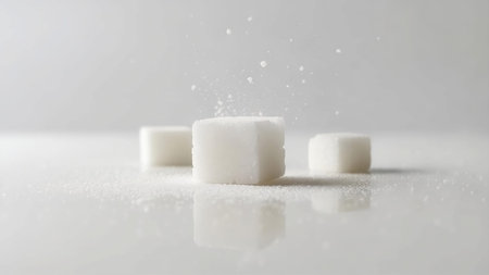 White Sugar Cubes with Falling Granules on Glossy Surface Isolated on Whiteの写真素材