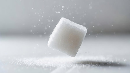 Single Sugar Cube in Midair with Sprinkled Granules on White Reflective Surfaceの写真素材