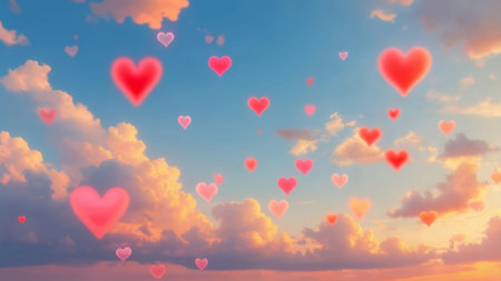 Pink and Red Hearts Floating in Colorful Sunset Sky with Soft Clouds