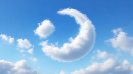Crescent Moon Shaped Cloud in Bright Blue Sky with Fluffy Atmosphereの写真素材
