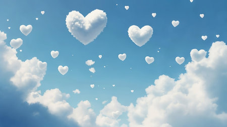 Heart-Shaped Clouds Floating in Clear Blue Sky Above Fluffy White Cloudsの写真素材