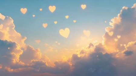 Golden Hour Sky with Glowing Heart Shapes in Romantic Cloudscapeの写真素材