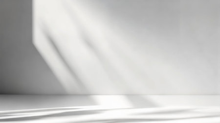 Empty White Room with Flowing Curtain Shadows and Soft Natural Window Lightの写真素材