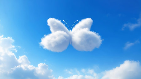 Butterfly-Shaped Cloud in Bright Blue Sky with Soft White Clouds Belowの写真素材