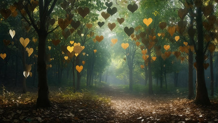 Autumn Forest Path with Golden Heart-Shaped Leaves Floating in the Airの写真素材