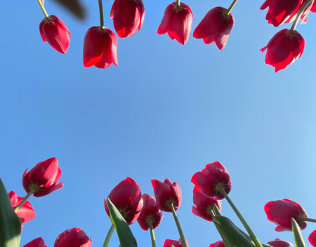 Tulip Flower Frame with Blue Sky Background and Copy Space for Designの写真素材
