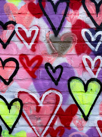 Vertical Graffiti Wall with Multicolored Spray-Painted Hearts in Urban Style