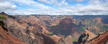 View into the Waimea Canyon on Kauai, Hawaii (the Grand Canyon of the Pacific). Panorama image three photos combineの写真素材