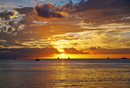 Sunset in Honolulu as viewed from Waikiki beachの写真素材