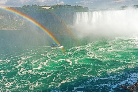 Rainbow rises from the mist at Horseshoe, Niagara Falls, Ontario, Canadaの写真素材