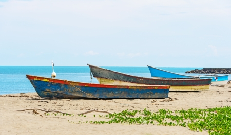 Fisherman boats on the shore of Pacific ocean in Panamaの写真素材
