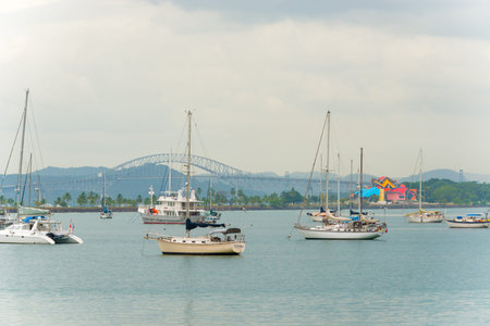  Boats waiting to pass thru Panama Canal and  on the background Carreterra Panamericana and the Bridge of the Americas on January 2, 2014 のeditorial素材