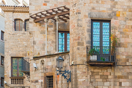 Buildings details in old part of Barcelona called Gothic Quarter のeditorial素材