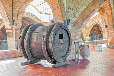 Wine barrel from seventeen century in the entrance hall in Codorniu winery  Codorniu winery is...