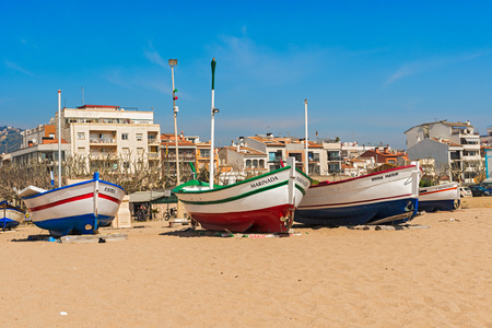 Calella, Spain - March 15, 2014  Fisherman boats on the beach in Calella, Spain on a sunny day in March 15, 2014 のeditorial素材