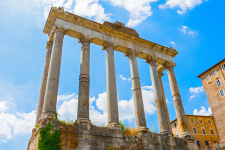Temple of Saturn in Rome Italy.The ruins of the temple stand at the foot of the Capitoline Hill in the western end of the Forum Romanum.の写真素材