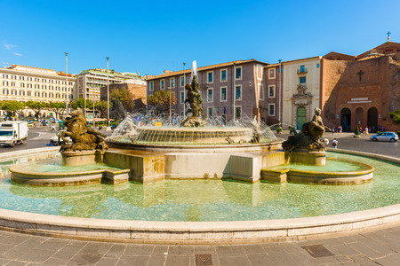 Rome, Italy - August 30, 2014: Fountain on Piazza della Republica and tourists entering  Basilica of Santa Maria Degli Angeli E Dei Martiri on August 30, 2014.のeditorial素材