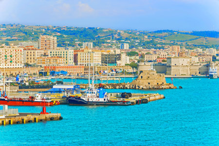 Civitavecchia, Italy - September 4, 2014: Port of Civitavecchia in Italy on September 4, 2014.  View from the sea at the port of Civitavecchia in Italy, Europe. Civitavecchia is a sea port on the Tyrrhenian Sea, it is located 80 kilometres west of Rome.のeditorial素材
