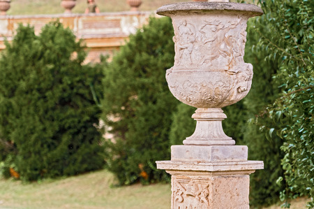 Carved flower pot in Villa Pamphili Park in Rome, Italy. It is a seventeenth-century villa with what is today the largest landscaped public park in Rome, Italy.のeditorial素材