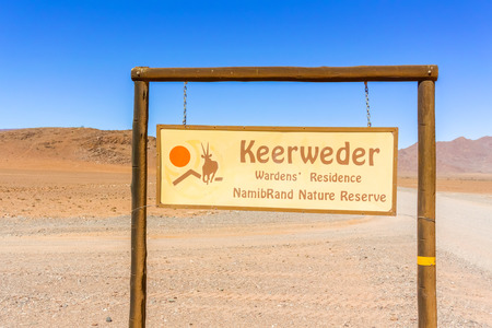 Sesriem, Namibia - April 27, 2015: Warden residence sign on the road in NamibRand Reserve Park, Namibia.のeditorial素材