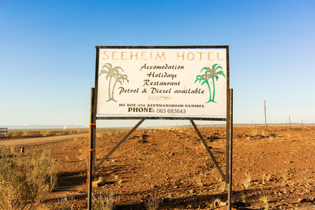 Seeheim, Namibia - April 30, 2015: Sign for Seeheim Hotel.  Seeheim is a settlement in ÇKaras Region, southern Namibia. It is stopover for tourists on their way to Fish River Canyon.のeditorial素材