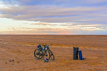 Eastern desert, Egypt - January 10, 2015: Sunset over the camp in the Eastern desert in Egypt.のeditorial素材