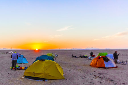 Eastern desert, Egypt - January 10, 2015: Sunset over the camp in the Eastern desert in Egypt.のeditorial素材