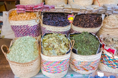 Spices in buckets on the market in Aswan, Egypt.の写真素材