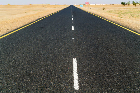 Desert landscape and the road thru the Sahara desert in Sudan near Dongola in Sudan