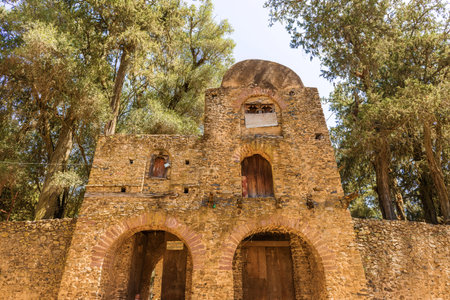 Wall and entrance to Christian church in Gondar, Ethiopia. It was named Debre Birhan Selassie,...
