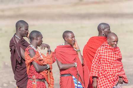 Serengeti, Tanzania - March 12, 2015: Masai with traditional ornaments, review of daily life of local people on March 12, 2015 near Serengeti National Park.のeditorial素材