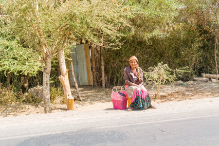 Lake Koka, Ethiopia - February 20, 2015: Picture of young girl waiting on the road. Picture was taken when riding on the road by Lake Koka in Ethiopia.のeditorial素材