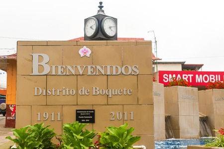 Boquete, Panama - November 19, 2015: Main square with a fountain and clock tower in the city of Boquete in Panama.のeditorial素材
