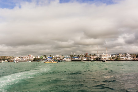 Puerto  Ayora, Ecuador - April 4, 2016: View from the bay at Puerto Ayora on Santa Cruz Island in Galapagos.のeditorial素材